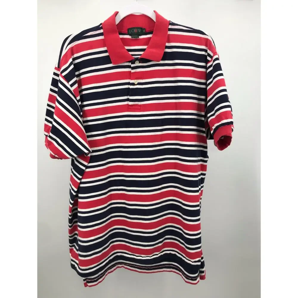 J. Crew Vintage Red White Blue Striped Short Sleeve Polo Shirt Mens XL